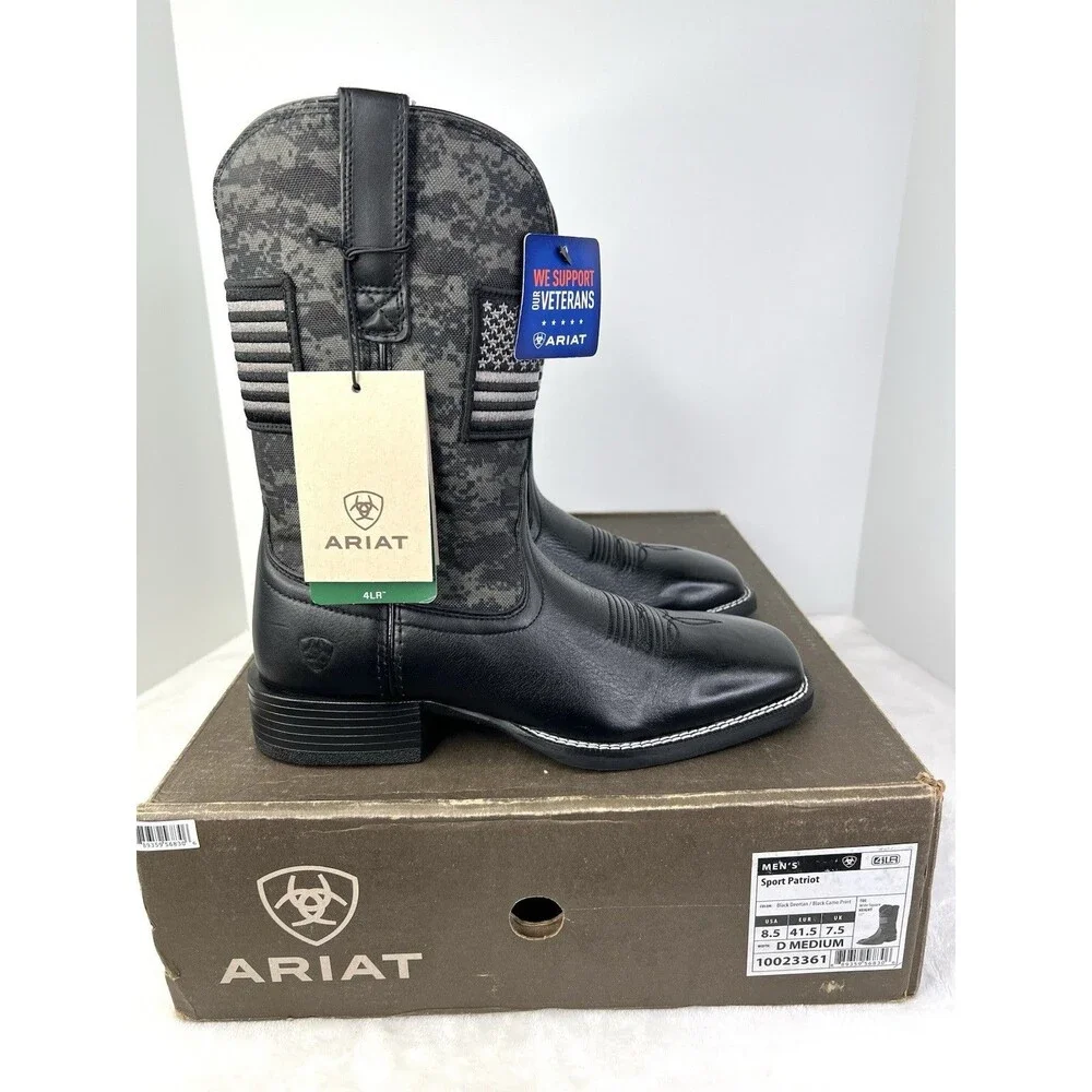 ARIAT Sport Patriot Square Toe Cowboy Boots Mens Size 8.5 D Black Camo Flag New